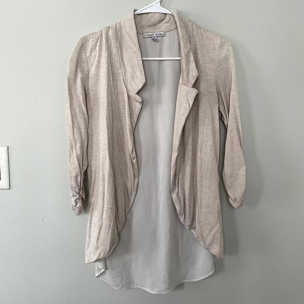 Moa Moa beige white top cardigan sweater collared rayon shirt classic business